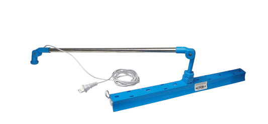 ASTRA STORE blue LED sewing machine light with adjustable neck and power cord, attaches to cone holder.
